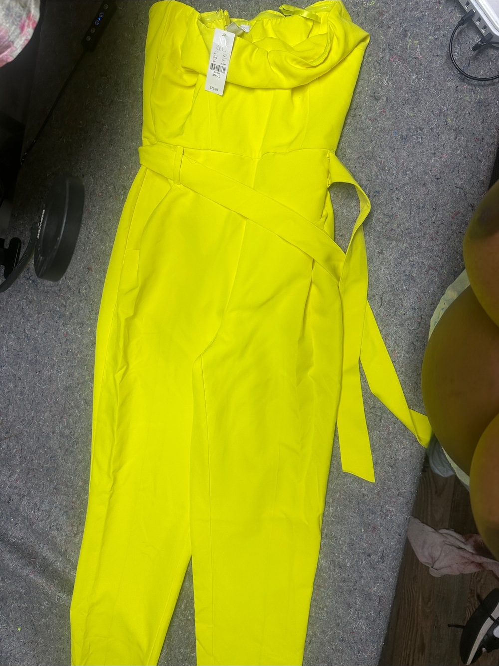 New York & Company Neon Yellow Strapless Belted Jumpsuit